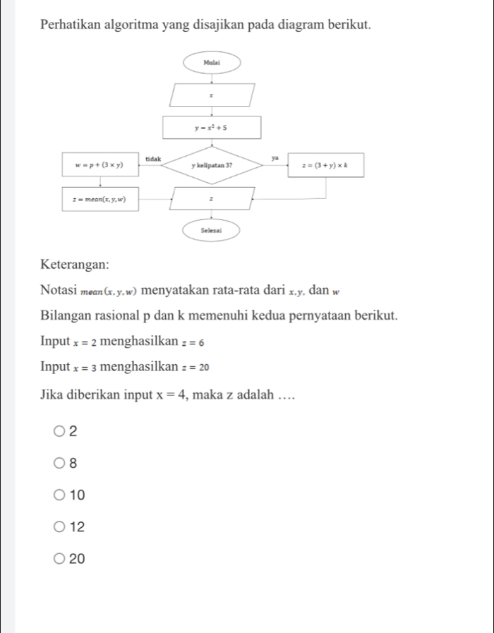 Perhatikan algoritma yang disajikan pada diagram berikut.
Keterangan:
Notasi mean (x,y,w) menyatakan rata-rata dari x.y. dan w
Bilangan rasional p dan k memenuhi kedua pernyataan berikut.
Input x=2 menghasilkan z=6
Input x=3 menghasilkan z=20
Jika diberikan input x=4 , maka z adalah …
2
8
10
12
20