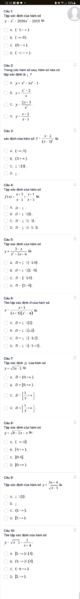 =x^6-2018x^2-2019th
(-1;+∈fty )
(-∈fty ;0).
(-∈fty ;+∈fty ).
D
Trong các hàm số sau, hàm số nào có
y=x^3-3x^2-1
y= (x^2-2)/x 
y= (2x+3)/x^2 
y= (x+2)/x-1 .
=frac x-2(x-3)^2lk
(3,+=).
Tập xác định của hàm số
x)= (x+5)/x-1 + (x-1)/x+5 li
D=i·
D= |(1).
D-1|(-5).
D-iM-5;1).
= (3-x)/x^2-5x-6 lk
D=i| -1:6
D=||ft-6|
D- -1:6 .
D- 1;-6
Câu 6:
 (x+1)/(x+1)(x^2-4) lk
D= |(-1;+2 .
y=sqrt(3)x-1k
D=[ 1/3 ;*=endbmatrix
D=( 1/3 ;+∈fty ).
Câu 8:
y=sqrt(8-2x)-xla:
(-∈fty ;4]
[4;+∈fty ).
[0:4]
[0;+=).
D
y= (3x+4)/sqrt(x-1) l
(1:+∈fty ).
y=sqrt(x-1)+ 1/x+4 .
(1;+∈fty )∪ (4).
[k· =)