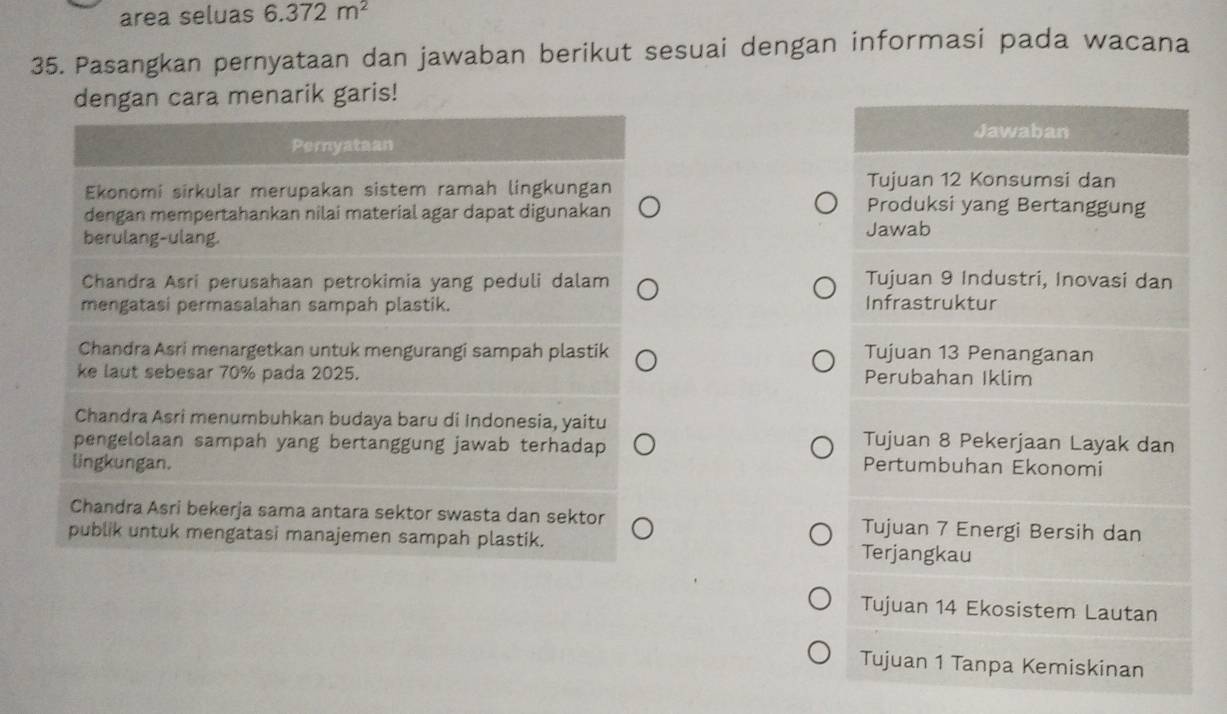 area seluas 6.372m^2
35. Pasangkan pernyataan dan jawaban berikut sesuai dengan informasi pada wacana 
dengan cara menarik garis! 
Jawaban 
Pernyataan 
Tujuan 12 Konsumsi dan 
Ekonomi sirkular merupakan sistem ramah lingkungan Produksi yang Bertanggung 
dengan mempertahankan nilai material agar dapat digunakan 
berulang-ulang. Jawab 
Chandra Asri perusahaan petrokimia yang peduli dalam Tujuan 9 Industri, Inovasi dan 
mengatasi permasalahan sampah plastik. Infrastruktur 
Chandra Asri menargetkan untuk mengurangi sampah plastik Tujuan 13 Penanganan 
ke laut sebesar 70% pada 2025. Perubahan Iklim 
Chandra Asri menumbuhkan budaya baru di Indonesia, yaitu Tujuan 8 Pekerjaan Layak dan 
pengelolaan sampah yang bertanggung jawab terhadap 
lingkungan. Pertumbuhan Ekonomi 
Chandra Asri bekerja sama antara sektor swasta dan sektor Tujuan 7 Energi Bersih dan 
publik untuk mengatasi manajemen sampah plastik. Terjangkau 
Tujuan 14 Ekosistem Lautan 
Tujuan 1 Tanpa Kemiskinan