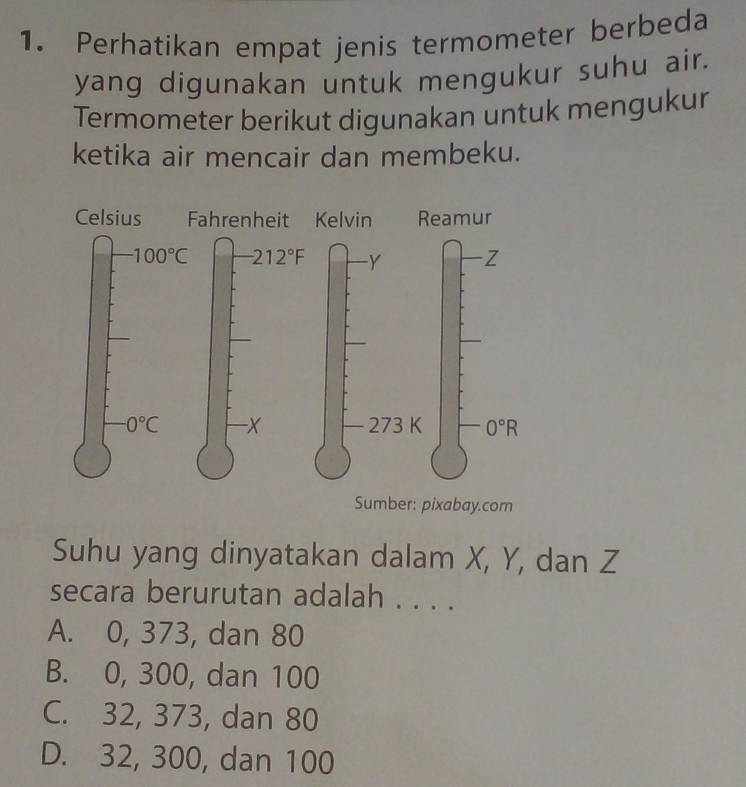 Perhatikan empat jenis termometer berbeda
yang digunakan untuk mengukur suhu air.
Termometer berikut digunakan untuk mengukur
ketika air mencair dan membeku.
Sumber: pixabay.com
Suhu yang dinyatakan dalam X, Y, dan Z
secara berurutan adalah . . . .
A. 0, 373, dan 80
B. 0, 300, dan 100
C. 32, 373, dan 80
D. 32, 300, dan 100