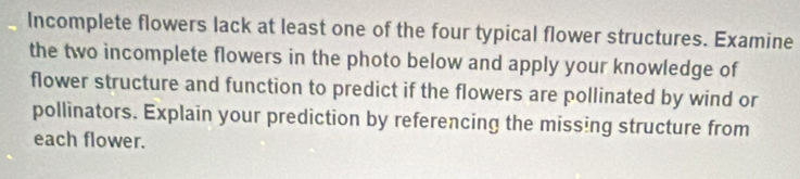 Solved: Incomplete flowers lack at least one of the four typical flower ...