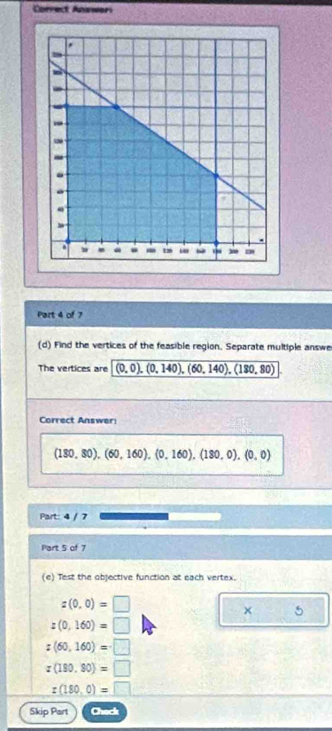 Correct Anwwari
Part 4 of 7
(d) Find the vertices of the feasible region. Separate multiple answe
The vertices are (0,0),(0,140),(60,140),(180,80)
Correct Answer
(180,80), (60,160), (0,160), (180,0), (0,0)
Part: 4 / 7
Part 5 of 7
(e) Test the objective function at each vertex.
z(0,0)=□
× 5
z(0,160)=□
z(60,160)=□
z(180,80)=□
x(180,0)=□
Skip Part Check