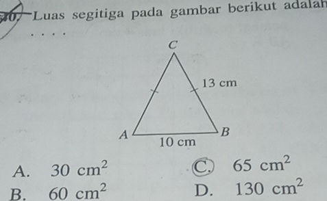 Luas segitiga pada gambar berikut adalan
A. 30cm^2 C. 65cm^2
B. 60cm^2 D. 130cm^2