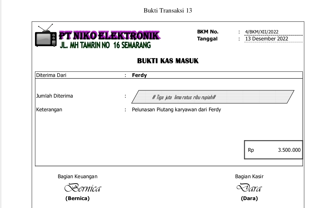 Bukti Transaksi 13 
BKM No. ： 4/BKM/XII/2022 
PT NIKO ELEKTRONIK Tanggal : 13 Desember 2022 
JL. MH TAMRIN NO 16 SEMARANG 
BUKTI KAS MASUK 
Diterima Dari Ferdy 
Jumlah Diterima : # Tiga juta lima ratus ribu rupiah# 
Keterangan : Pelunasan Piutang karyawan dari Ferdy
Rp 3.500.000
Bagian Keuangan Bagian Kasir 
Bernica Dara 
(Bernica) (Dara)