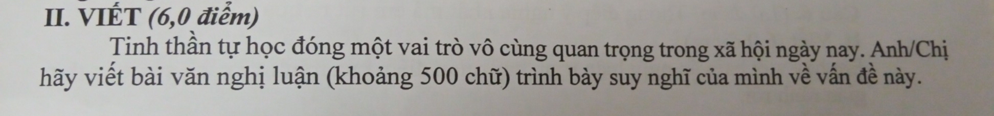 VIÉT (6,0 điểm) 
Tinh thần tự học đóng một vai trò vô cùng quan trọng trong xã hội ngày nay. Anh/Chị 
hãy viết bài văn nghị luận (khoảng 500 chữ) trình bày suy nghĩ của mình về vấn đề này.