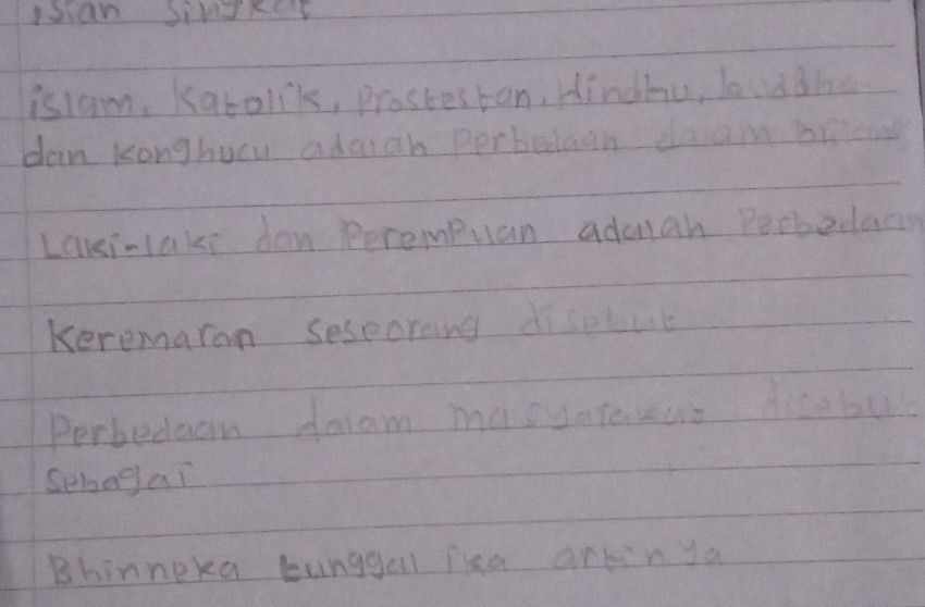 Dan Sinker 
istom, Karolik, prostestan, Hindhu, ludahe 
dan Konghucu adaigh perbedaan daam bincen 
Lani-laks don Rerempuan adman Pecbedar 
keremaran sesecrang diselvt 
Perbedaam daram masyaraleue hise bu 
Semagai 
Bhinneka tunggall iha arkin ga