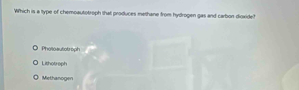 Which is a type of chemoautotroph that produces methane from hydrogen gas and carbon dioxide?
Photoautotroph
Lithotroph
Methanogen