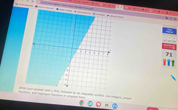 A 15 i com/math/algebra 1/write a linear inequality fr 
SDFBC Bookmarks Xallu ()1. It yo 
Chocolafe 
elapsed Time 
09 
0 
H “”” 
out of 100 Ω SmartScore 
71 
Wst, followed by an inequality symbol. Use integers, proper 
fractions, and improper fractions in simplest form.