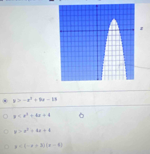 y>-x^2+9x-18
y
y>x^2+4x+4
y