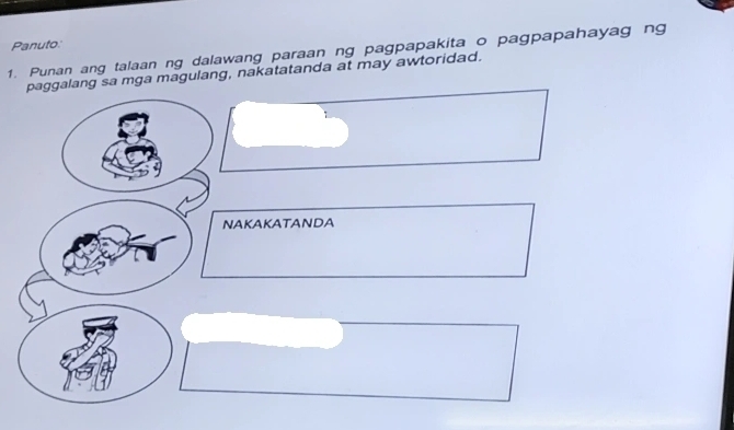 Panuto 
1. Punan ang talaan ng dalawang paraan ng pagpapakita o pagpapahayag ng 
paggalang sa mga magulang, nakatatanda at may awtoridad. 
NAKAKATANDA