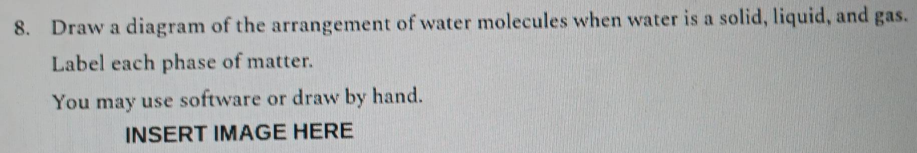 Draw a diagram of the arrangement of water molecules when water is a solid, liquid, and gas. 
Label each phase of matter. 
You may use software or draw by hand. 
INSERT IMAGE HERE