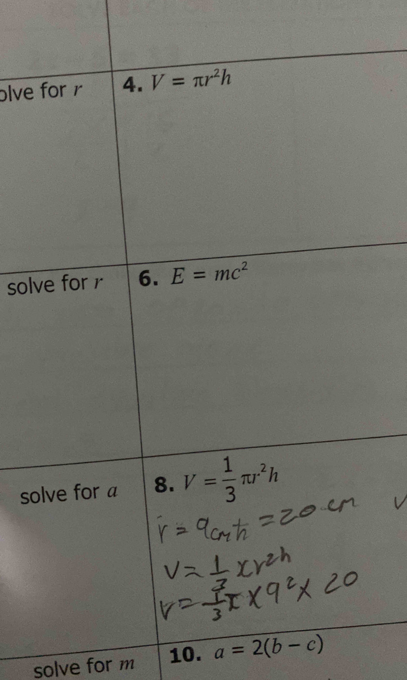 olve
sol
s
10. a=2(b-c)
solve for m