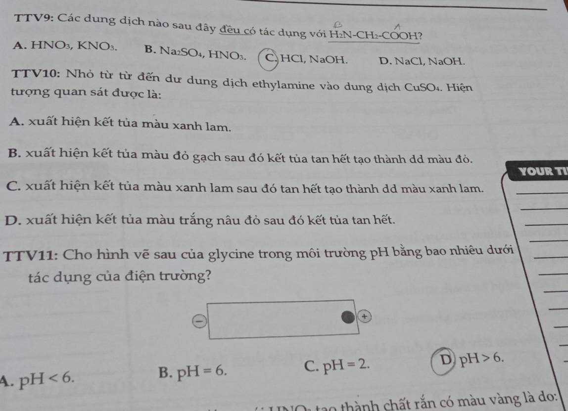 TTV9: Các dung dịch nào sau đây đều có tác dụng với H₂N-CH₂-COOH?
A. HNO₃, KNO₃. B. Na₂SO₄, HNO₃. C. HCl, NaOH. D. NaCl, NaOH.
TTV10: Nhỏ từ từ đến dư dung dịch ethylamine vào dung dịch CuSO₄. Hiện
tượng quan sát được là:
A. xuất hiện kết tủa màu xanh lam.
B. xuất hiện kết tủa màu đỏ gạch sau đó kết tủa tan hết tạo thành dd màu đỏ.
YOUR TI
C. xuất hiện kết tủa màu xanh lam sau đó tan hết tạo thành dd màu xanh lam._
_
D. xuất hiện kết tủa màu trắng nâu đỏ sau đó kết tủa tan hết.
_
_
TTV11: Cho hình vẽ sau của glycine trong môi trường pH bằng bao nhiêu dưới_
_
tác dụng của điện trường?
_
_
_
_
A. pH <6</tex>. C. pH=2. D pH>6. 
B. pH=6. 
thành chất rắn có màu vàng là do: