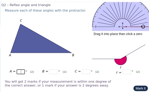 Solved: Reflex angle and triangle Measure each of these angles with the ...