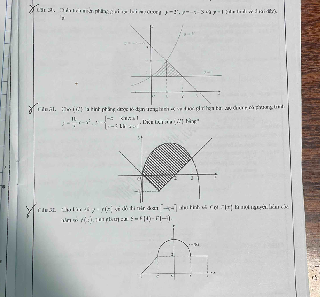 Diện tích miền phẳng giới hạn bởi các đường: y=2^x,y=-x+3 và y=1 (như hình về dưới đây).
là:
Câu 31. Cho (H) là hình phăng được tô đậm trong hình vẽ và được giới hạn bởi các đường có phương trình
y= 10/3 x-x^2,y=beginarrayl -xkhix≤ 1 x-2khix>1endarray.. Diện tích cia(H) bằng?
ó
g
Câu 32. Cho hàm số y=f(x) có đồ thị trên đoạn [-4;4] như hình vẽ. Gọi F(x) là một nguyên hàm của
hàm số f(x) , tính giá trị của S=F(4)-F(-4).