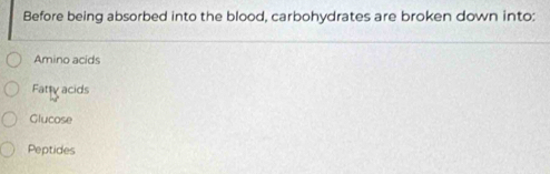 Before being absorbed into the blood, carbohydrates are broken down into:
Amino acids
Fatty acids
Glucose
Peptides