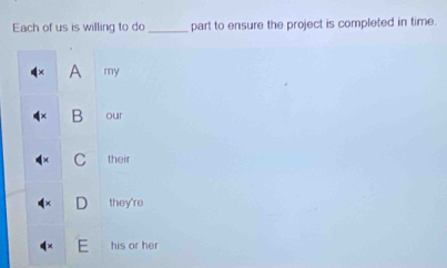 Each of us is willing to do _part to ensure the project is completed in time.
A my
B our
C their
D they're
his or her