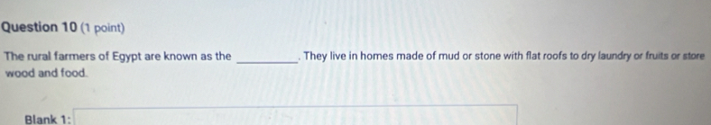 The rural farmers of Egypt are known as the _. They live in homes made of mud or stone with flat roofs to dry laundry or fruits or store 
wood and food. 
Blank 1:□