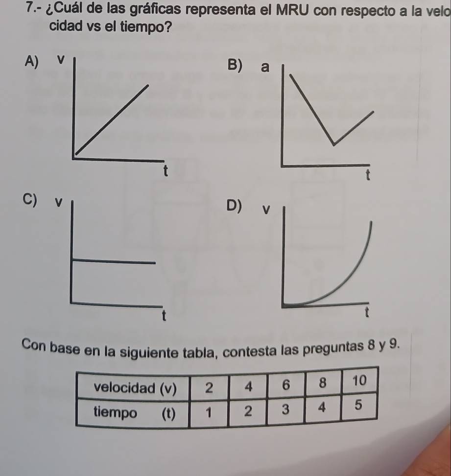 7.- ¿Cuál de las gráficas representa el MRU con respecto a la velo
cidad vs el tiempo?
A) v
B) a
C)
D)
Con base en la siguiente tabla, contesta las preguntas 8 y 9.