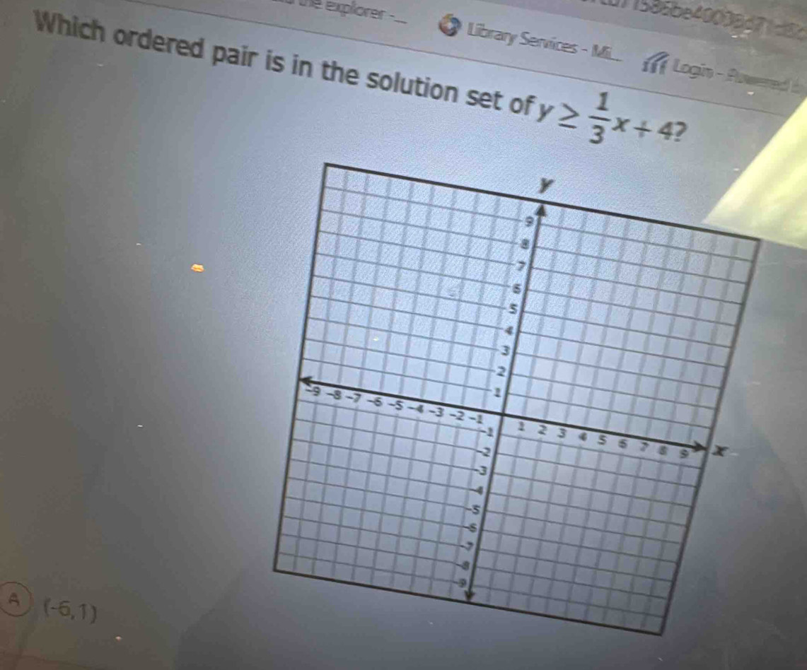 the explorer .
1)1585be40008d71d8d
* Library Services - M.. 1 Login - Powered b
Which ordered pair is in the solution set of y≥  1/3 x+4 7
A (-6,1)