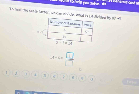 bananas cost at
e lactor to help you solve.
To find the scale factor, we can divide. What is 1vided by 6?
2
14/ 6= □ /□  
1 2 3 4 5 6 7 8 9 0
Enter