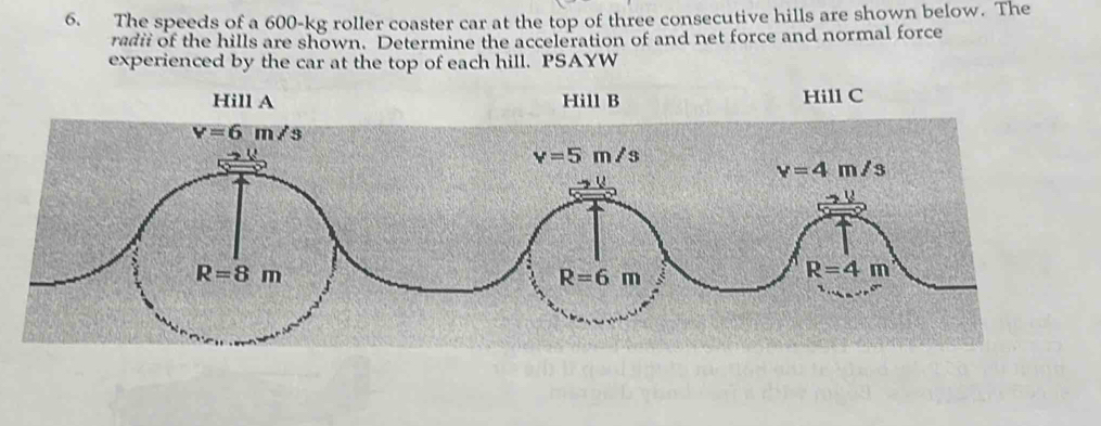 The speeds of a 600-kg roller coaster car at the top of three consecutive hills are shown below. The
radii of the hills are shown. Determine the acceleration of and net force and normal force
experienced by the car at the top of each hill. PSAYW
Hill A Hill B Hill C