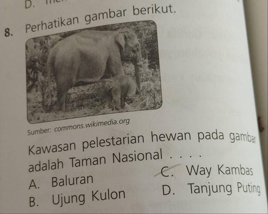 Perhatikan gambar berikut.
Sumber: commons.w
Kawasan pelestarian hewan pada gambar
adalah Taman Nasional .
C. Way Kambas
A. Baluran
B. Ujung Kulon
D. Tanjung Puting