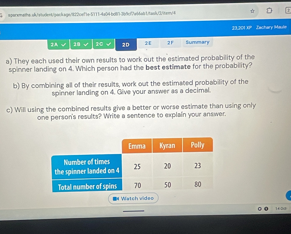 23,201 XP Zachary Maule 
2A 2B 2C 2D 2E 2F Summary 
a) They each used their own results to work out the estimated probability of the 
spinner landing on 4. Which person had the best estimate for the probability? 
b) By combining all of their results, work out the estimated probability of the 
spinner landing on 4. Give your answer as a decimal. 
c) Will using the combined results give a better or worse estimate than using only 
one person's results? Write a sentence to explaín your answer. 
Watch video 
14 0ct