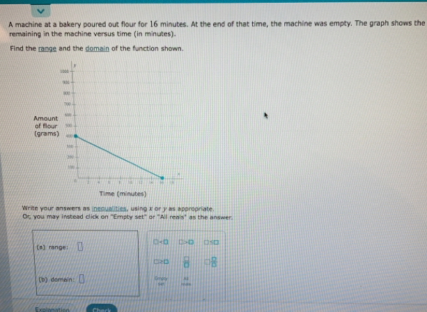 A machine at a bakery poured out flour for 16 minutes. At the end of that time, the machine was empty. The graph shows the 
remaining in the machine versus time (in minutes). 
Find the range and the domain of the function shown. 
Amount 
of flour 
(grams) 
Time (minutes) 
Write your answers as inequalities, using x or y as appropriate. 
Or, you may instead click on 'Empty set" or "All reals" as the answer.
□ D>0 1□ 
(a) range
□≥□  □ /□    □ /□  
(b) demain: Eepty AI
50%
Explanation