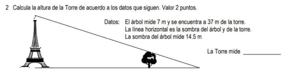 Calcula la altura de la Torre de acuerdo a los datos que siguen. Valor 2 puntos. 
La Torre mide_