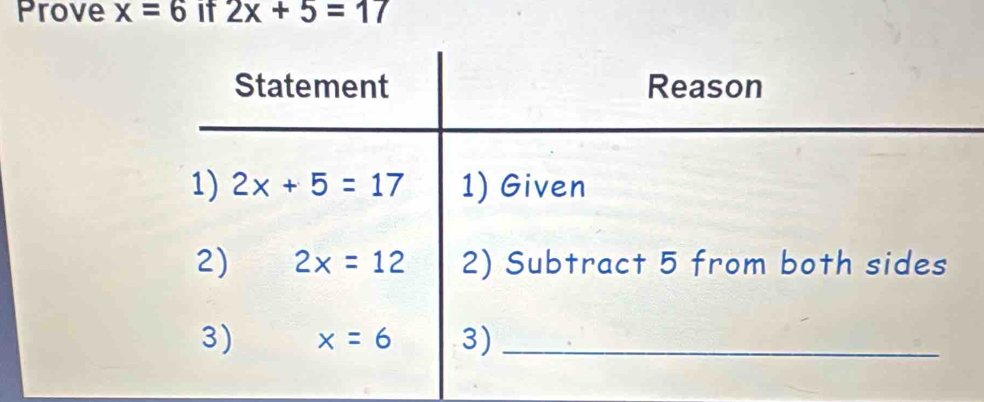 Prove x=6 it 2x+5=17