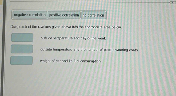 negative correlation positive correlation no correlation
Drag each of the r -values given above into the appropriate area below.
outside temperature and day of the week
outside temperature and the number of people wearing coats
weight of car and its fuel consumption