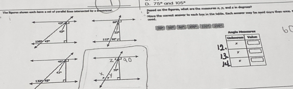 75° and 105°
The ligures shown each have a set of paraliel lines intersected by a thegaversal. flased on the figures, what are the messures x, y, and z in degrees?
Move the correct answer to each box in the table. Each anower may he used more than once. 
used.
30° “ 100° 120° 150°