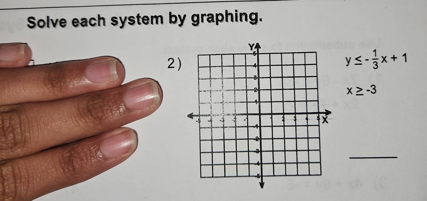 Solve each system by graphing. 
2)
y≤ - 1/3 x+1
x≥ -3
_