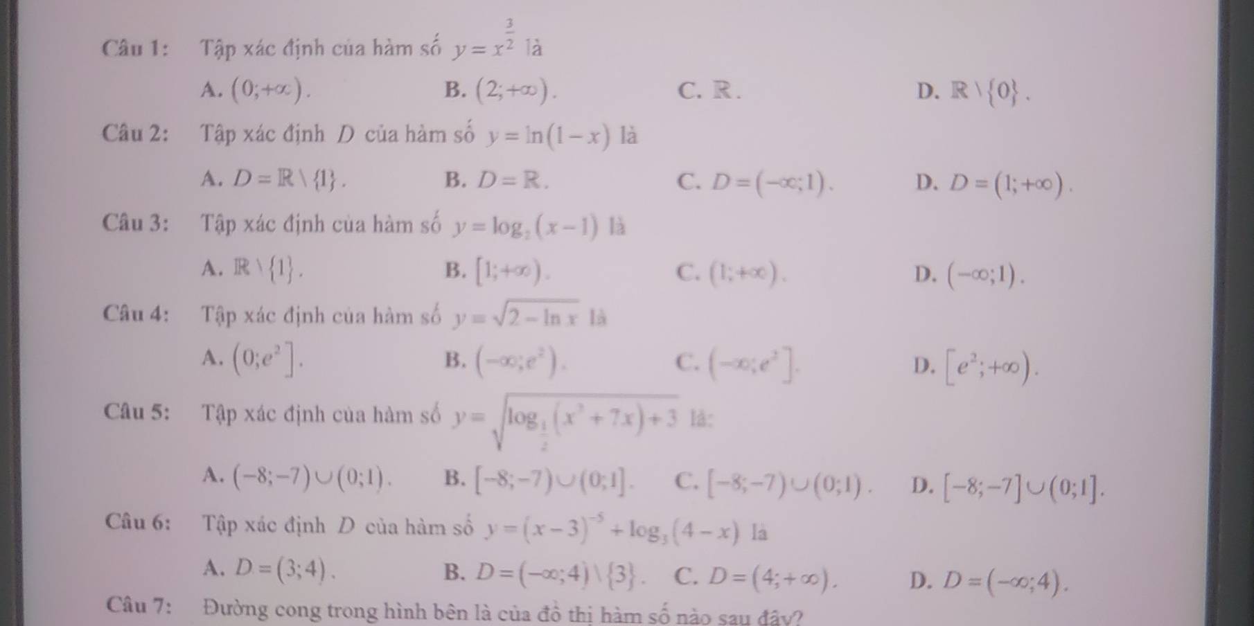 Tập xác định của hàm số y=x^(frac 3)2 là
A. (0;+∈fty ). B. (2;+∈fty ). C. R . D. R| 0 .
Câu 2: Tập xác định D của hàm số y=ln (1-x) là
A. D=R 1 . B. D=R. C. D=(-∈fty ;1). D. D=(1;+∈fty ).
Câu 3: Tập xác định của hàm số y=log _2(x-1) là
A. Rvee  1 . B. [1;+∈fty ). C. (1;+∈fty ). D. (-∈fty ;1).
Câu 4: Tập xác định của hàm số y=sqrt(2-ln x) là
B.
A. (0;e^2]. (-∈fty ;e^2). (-∈fty ;e^2]. D. [e^2;+∈fty ).
C.
Câu 5: Tập xác định của hàm số y=sqrt(log _frac 1)2(x^2+7x)+3 là:
A. (-8;-7)∪ (0;1). B. [-8;-7)∪ (0;1]. C. [-8;-7)∪ (0;1). D. [-8;-7]∪ (0;1].
Câu 6: Tập xác định D của hàm số y=(x-3)^-5+log _3(4-x) là
A. D=(3;4). B. D=(-∈fty ;4)∪  3 . C. D=(4;+∈fty ). D. D=(-∈fty ;4).
Câu 7: Đường cong trong hình bên là của đồ thị hàm số nào sau đây?