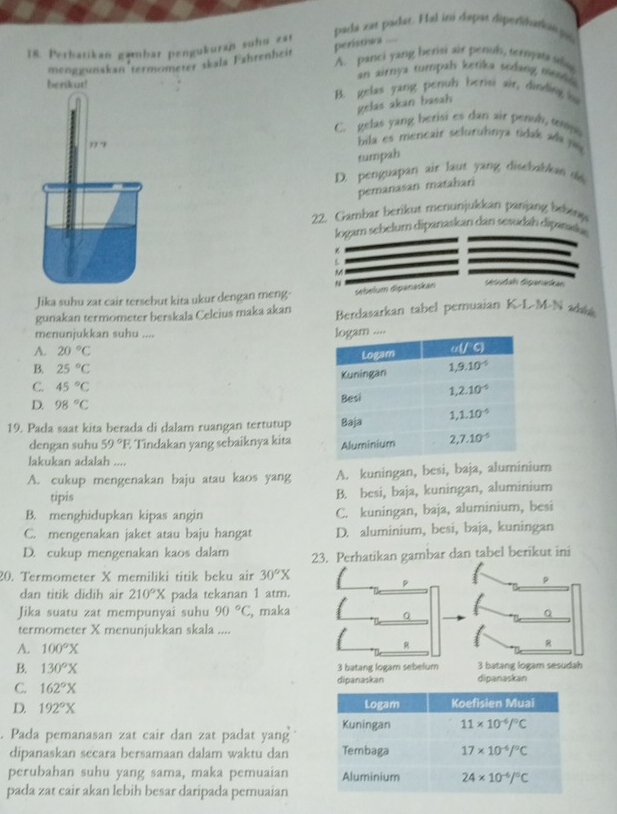 pada zar padat. Hal ini dapar diperliharion pn
peristioa
18. Perhatikan gambar pengukuran suhu zat
A. panci yang berisi air penul, urnyata shg
menggunakan'termometer skala Fahrenheit
an airnya tumpah kerika sodang midn .
benkut! B. gelas yang penuh berisi air, dinding iu
gelas akan basah
C. gelas yang berisi es dan xir penuh, œ
bila es mencair seluruhnya tidak ada j 
tumpab
D. penguapan air laur yang disebablan d
pemanasan matahari
22. Gambar berikut menunjukkan panjang bebea
logam sebelum dipanaskan dan sesudah dipanwk
L
5
Jika suhu zat cair tersebut kita ukur dengan meng- sébélum dipanadkan
gunakan termometer berskala Celcius maka akan Berdasarkan tabel pemuaian K-L-M-N ada
menunjukkan suhu ....
A. 20°C
B. 25°C
C. 45°C
D. 98°C
19. Pada saat kita berada di dalam ruangan tertutup 
dengan suhu 59°F Tindakan yang sebaiknya kita 
lakukan adalah ....
A. cukup mengenakan baju atau kaos yang A. kuningan, besi, baja, aluminium
tipis B. besi, baja, kuningan, aluminium
B. menghidupkan kipas angin C. kuningan, baja, aluminium, besi
C. mengenakan jaket atau baju hangat D. aluminium, besi, baja, kuningan
D. cukup mengenakan kaos dalam 23. Perhatikan gambar dan tabel berikut ini
20. Termometer X memiliki titik beku air 30°X
p
dan titik didih air 210°X pada tekanan 1 atm.
Jika suatu zat mempunyai suhu 90°C , maka Q
Q
termometer X menunjukkan skala ....
A. 100°X
R
R
B. 130°X 3 batang logam sebelum 3 batang logam sesudah
C. 162°X dipanaskan dipanaskan
D. 192°X. Pada pemanasan zat cair dan zat padat yang
dipanaskan secara bersamaan dalam waktu dan
perubahan suhu yang sama, maka pemuaian
pada zat cair akan lebih besar daripada pemuaian