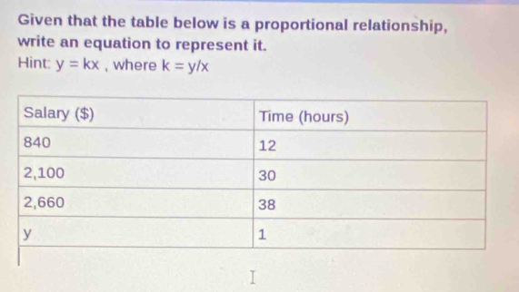 Given that the table below is a proportional relationship,
write an equation to represent it.
Hint: y=kx , where k=y/x