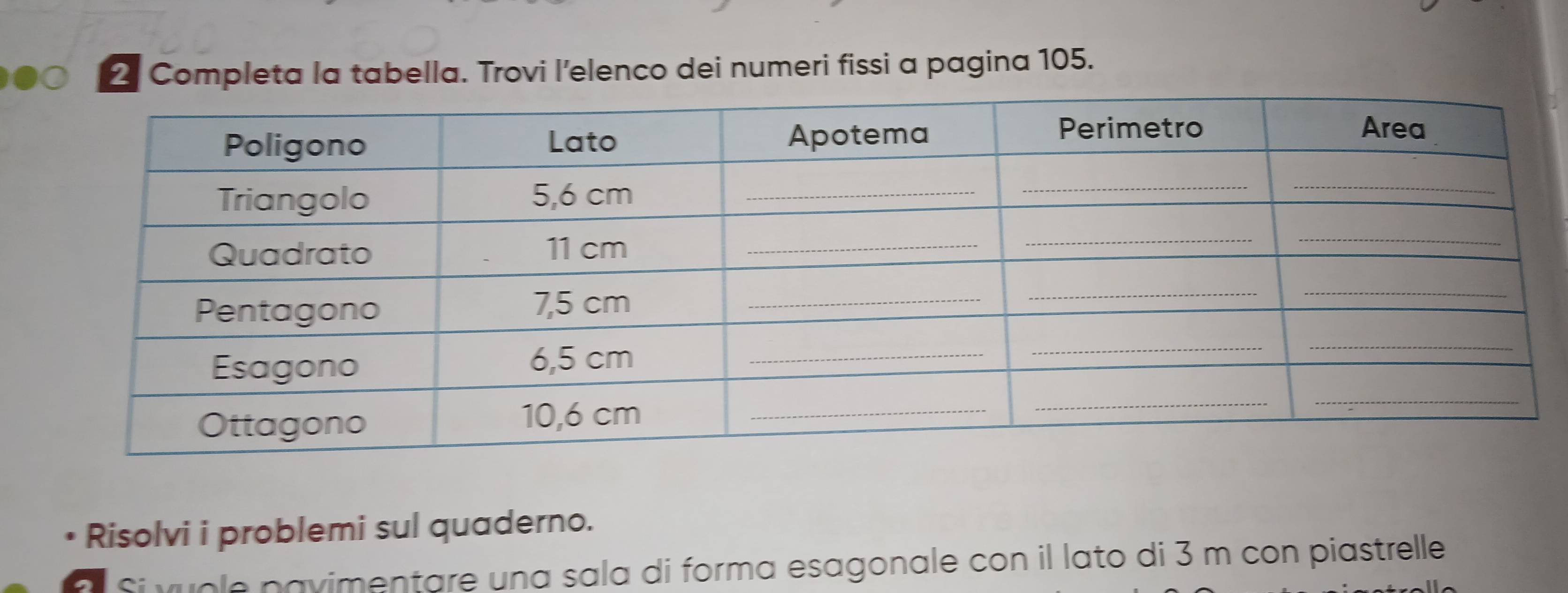 Completa la tabella. Trovi l’elenco dei numeri fissi a pagina 105. 
Risolvi i problemi sul quaderno. 
vuole pavimentare una sala di forma esagonale con il lato di 3 m con piastrelle