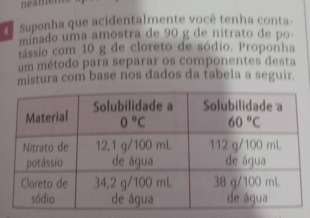 Suponha que acidentalmente você tenha conta-
minado uma amostra de 90 g de nitrato de po -
tássio com 10 g de cloreto de sódio. Proponha
um método para separar os componentes desta
mistura com base nos dados da tabela a seguir.