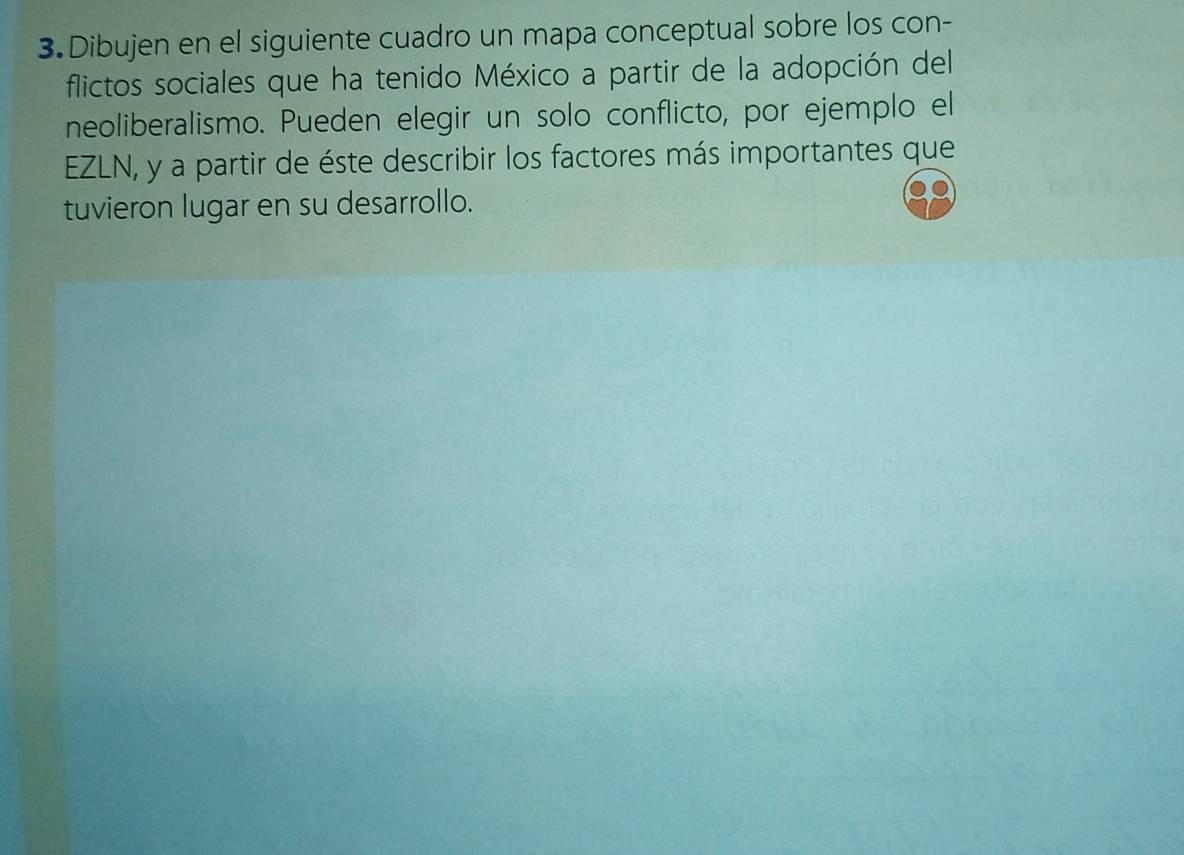 Dibujen en el siguiente cuadro un mapa conceptual sobre los con- 
flictos sociales que ha tenido México a partir de la adopción del 
neoliberalismo. Pueden elegir un solo conflicto, por ejemplo el 
EZLN, y a partir de éste describir los factores más importantes que 
tuvieron lugar en su desarrollo.