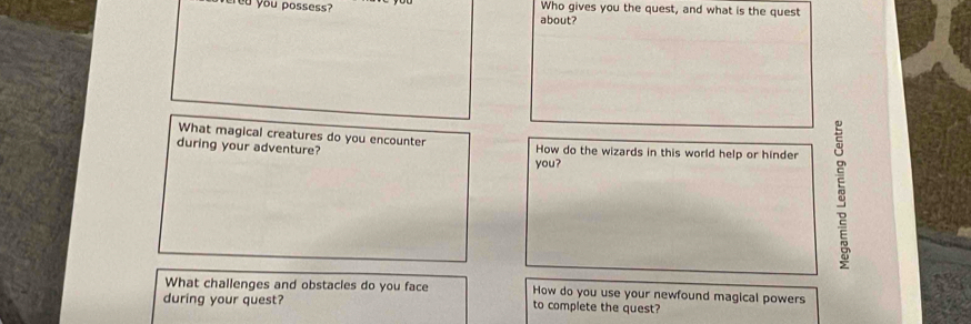 ou you possess? about? Who gives you the quest, and what is the quest 
What magical creatures do you encounter 
during your adventure? How do the wizards in this world help or hinder 
you? 
What challenges and obstacles do you face How do you use your newfound magical powers 
during your quest? to complete the quest?