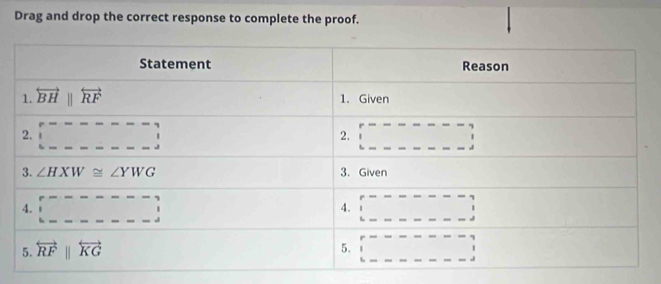 Drag and drop the correct response to complete the proof.