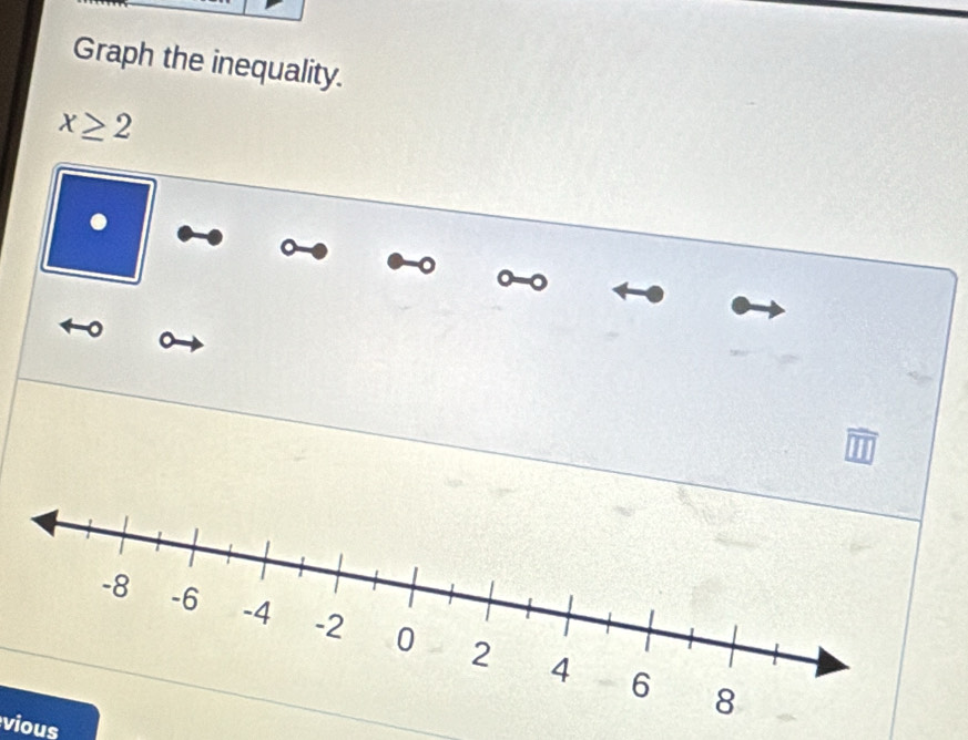 Graph the inequality.
x≥ 2. 
vious