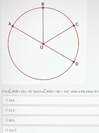 m∠ AOB=(3x-6)^circ  and m∠ BOD=(5x+14)^circ  , what is the value of x
10.0
21.5
58.5
121.5