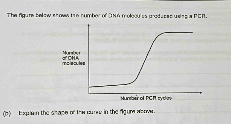 The figure below shows the number of DNA molecules produced using a PCR. 
(b) Explain the shape of the curve in the figure above.