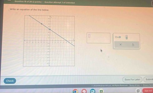 Question Attempt 1 of Unlimited 
Write an equation of the line below.
□ =□  □ /□  
× 5 
Check Save For Later Submit 
2024 McGraw Hill LLC. All Rignes Reserved. Tem of Use 1 Frvacy Cen