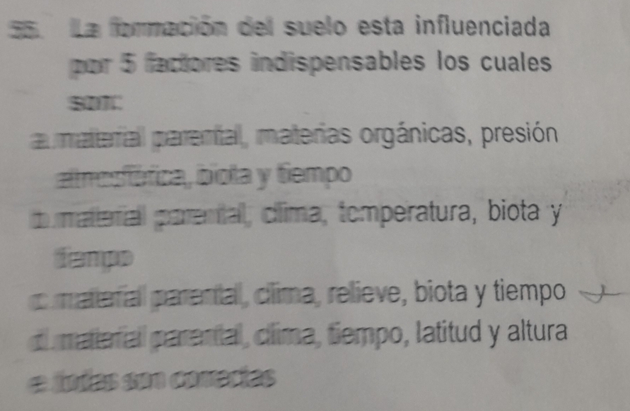 La formación del suelo esta influenciada
por 5 factores indispensables los cuales
a matenial parental, materias orgánicas, presión
amesfléfica, biota y tiempo
d material parental, clima, temperatura, biota y
Temps
c materal parental, clima, relieve, biota y tiempo
di materal parental, clima, tiempo, latitud y altura
e ínías son conerías