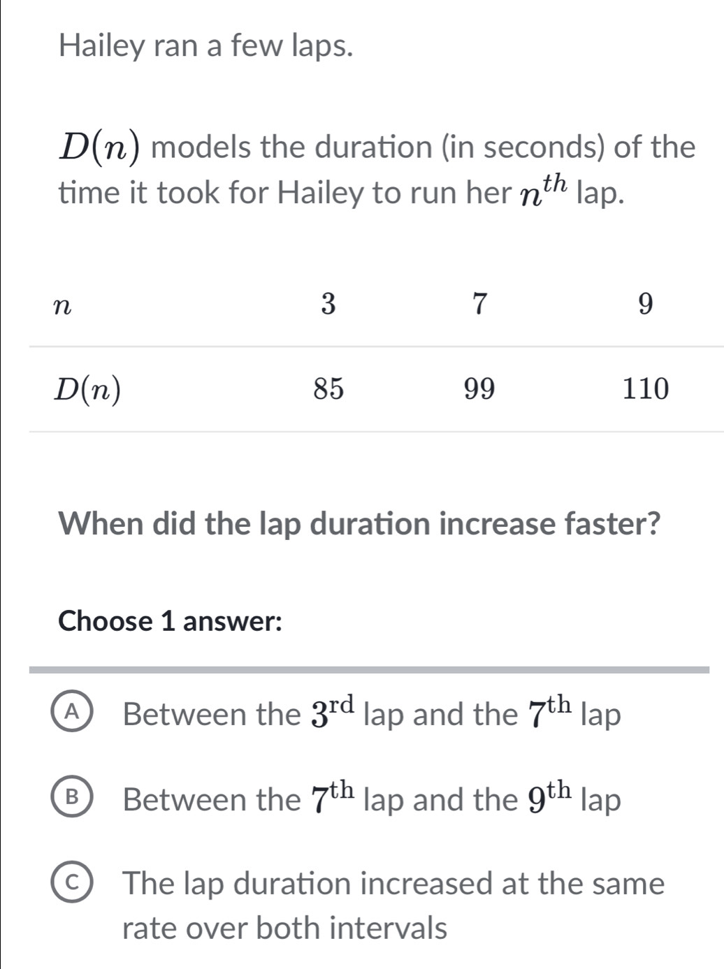 Hailey ran a few laps.
D(n) models the duration (in seconds) of the
time it took for Hailey to run her n^(th) lap.
When did the lap duration increase faster?
Choose 1 answer:
A) Between the 3^(rd) lap and the 7^(th) lap
B Between the 7^(th) lap and the 9^(th) lap
C  The lap duration increased at the same
rate over both intervals