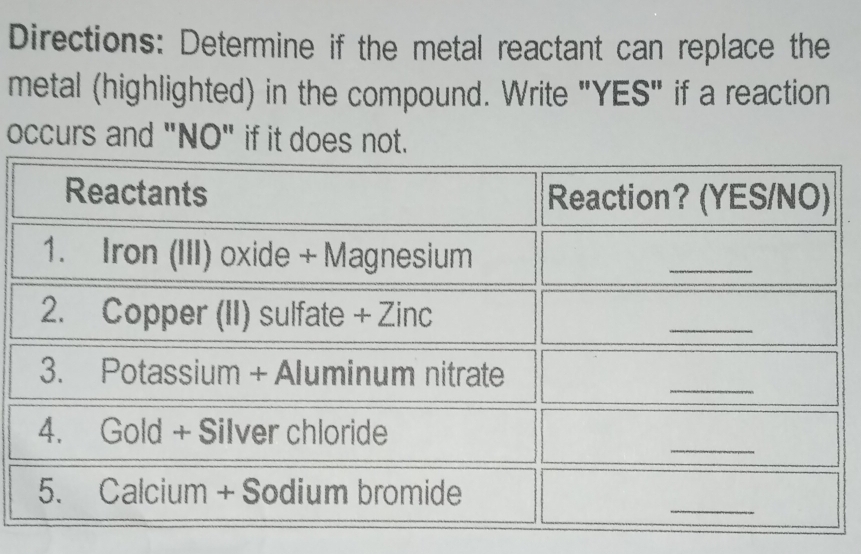 Directions: Determine if the metal reactant can replace the 
metal (highlighted) in the compound. Write "YES" if a reaction 
occurs and "NO" if it does not.