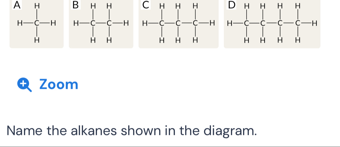 beginarrayr AH H-C-H Hendarray beginarrayr BHH H-C= □ /□  to Hendarray beginarrayr CHHH H-C-C-C-H HHHendarray
+ Zoom
Name the alkanes shown in the diagram.